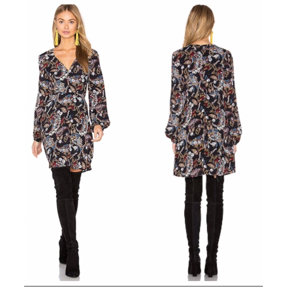 Wayf Deep V Neck Mini Dress Floral Long Sleeve Balloon Sleeve Lined Size XS